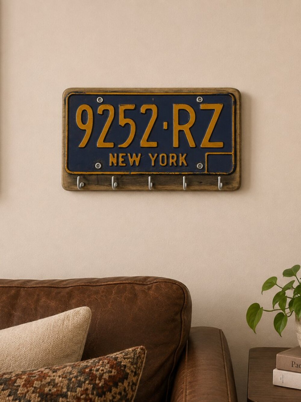 New York State license plate on wood key hook holder for entry way